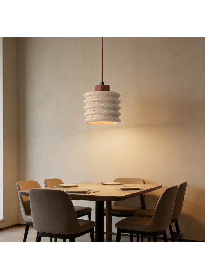 Ramadan Chandelier-Spiral Stone Ribbed Modern Pendant Light-Height-Adjustable Wood Base Ceiling Lamp, E27 3000K Warm Glow (Bulb Included) for Dining Room Table/Bedroom Over Bed/Kitchen Island - Image 1